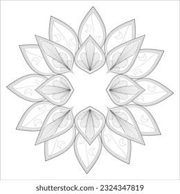 Pleasing decorative flower of Coloring book page for adult in Black outline and white background