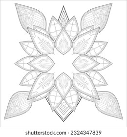 Pleasing decorative flower of Coloring book page for adult in Black outline and white background