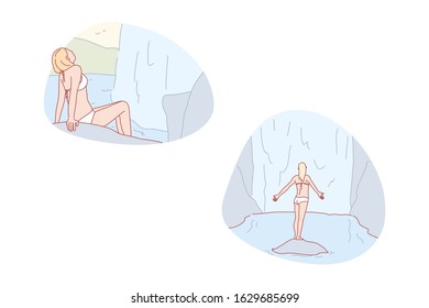Pleasure, alone, rest, nature, wild, concept. Joyful resting woman sunbathing in wild nature secluded, private place in peace. Pleased lady united with nature. Waterfall tranquility simple flat vector