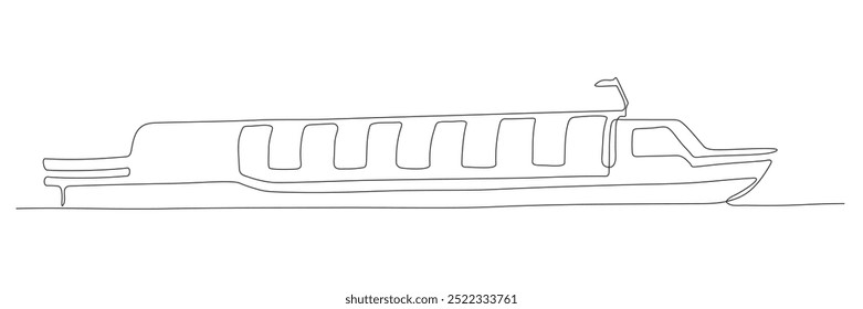 Barco de recreo con ventanas panorámicas para hacer turismo en temporada de Clima frío. Dibujo de línea continua. Vector blanco y negro en estilo de arte de línea.