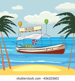 Pleasure boat, sea, cartoon style, banner, vector illustration