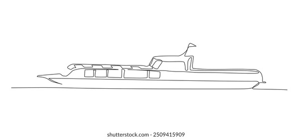 Barco de prazer em vista lateral. Desenho contínuo de uma linha. Ilustração vetorial em preto-e-branco no estilo de arte em linha.