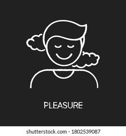 Pleasure chalk white icon on black background. Positive emotion, good feeling, satisfaction. Pleased mind state, joyfull reaction. Satisfied, smiling person isolated vector chalkboard illustration