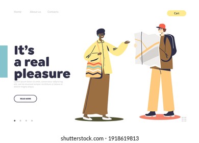 Pleasure to help lost tourist concept of landing page with woman showing may way on map. Young traveler man with backpack lost in foreign city. Cartoon vector illustration