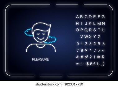 Pleasure neon light icon. Outer glowing effect. Positive emotion, good feeling, satisfaction sign with alphabet, numbers and symbols. Satisfied, smiling person vector isolated RGB color illustration