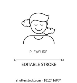 Pleasure pixel perfect linear icon. Positive emotion, satisfaction thin line customizable illustration. Contour symbol. Satisfied, smiling person vector isolated outline drawing. Editable stroke