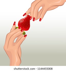 Pleasure. The proposal of sweet, juicy strawberries. Women's hands with a berry. Vector illustration.
