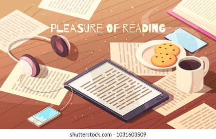 Pleasure of reading isometric vector illustration with electronic book smartphone headphones light breakfast and paper sheets with text  