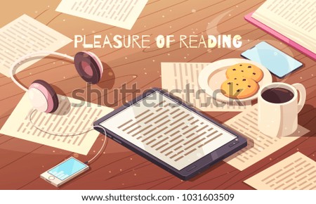 Pleasure of reading isometric vector illustration with electronic book smartphone headphones light breakfast and paper sheets with text  