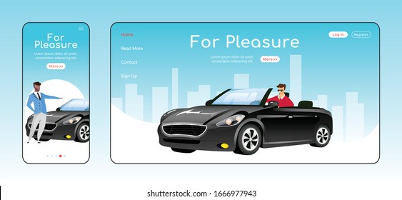 For Pleasure Responsive Landing Page Flat Vector Template. Auto Dealership Service Homepage Layout. One Page Website UI With Cartoon Character. Luxury Cars Sale Adaptive Webpage Cross Platform Design