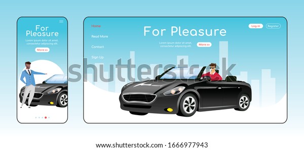 For pleasure responsive landing page flat vector\
template. Auto dealership service homepage layout. One page website\
UI with cartoon character. Luxury cars sale adaptive webpage cross\
platform design
