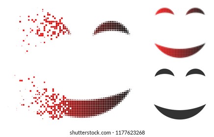 Pleasure smile icon in fractured, pixelated halftone and undamaged whole variants. Fragments are grouped into vector disappearing pleasure smile figure.