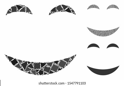 Pleasure smiley mosaic of trembly parts in various sizes and color tints, based on pleasure smiley icon. Vector trembly parts are united into illustration.