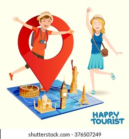 Pleasure travel destinations. Tourists are happy to arrival landmark.The important journey. 