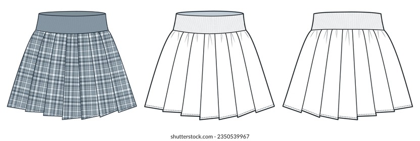 Pleat Skirt technical fashion illustration, plaid pattern. Mini Skirt fashion flat technical drawing template, pleated, rib waistband, front, back view, white, grey, women CAD mockup set.