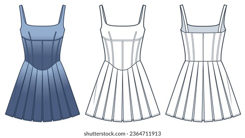 Pleated Dress technical fashion Illustration, blue design. Mini Dress with shoulder straps fashion flat technical drawing template, zip-up, corset, front and back view, white, women CAD mockup set.