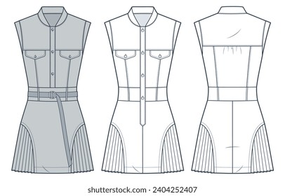 Pleated Dress technical fashion Illustration. Mini Dress fashion flat technical drawing template, button down, slim fit, front and back view, white, grey, women's Dress CAD mockup set.