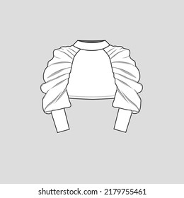 Pleated Gathering cuff Sleeve crop  top High Neck Raglan Gathering Detail Fashion blouse flat sketch technical drawing template design vector