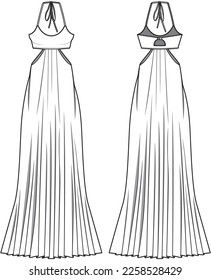 Pleated Hem Halter Neck Dress Front and Back View. Fashion Illustration, Vector, CAD, Technical Drawing, Flat Drawing, Template, Mockup.	