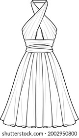 minivestido corto de longitud de rodilla plisada, ilustración técnica de la moda de la parte superior del cuello halter sin mangas. 