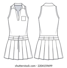 Pleated mini Dress technical fashion illustration. Polo Shirt Dress fashion flat drawing template, pleated, elastic waistband, front, back view, white, CAD mockup.