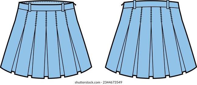 Pleated mini skirt flat sketch. Apparel design. Front and back. Women CAD mockup. Fashion technical drawing template. Vector illustration.