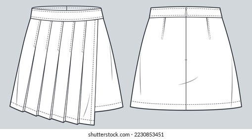 Pleated mini Skirt technical fashion illustration. Asymmetric  Skirt fashion flat drawing template, zip up, front and back view, white, women CAD mockup.