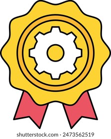 Pleated Rosette with cogwheel concept, presented to mark an achievement vector outline design, Industrial Equipment Symbol, 1st of May Sign, International Workers Day stock illustration