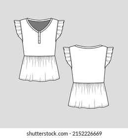 Pleated Ruffle Sleeve Peplum Top Henley Neck Button Panel Armhole Pleated Ruffles Peplum Gathering Detail Fashion Clothing T Shirt Top Blouse  Flat Sketch Technical Drawing Template Design Vector