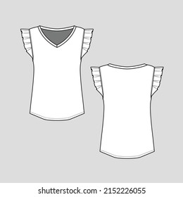 Pleated ruffle Sleeve top v neck armhole pleated ruffles detail fashion Clothing t shirt top blouse flat sketch technical drawing template design vector