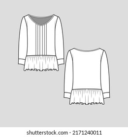 Pleated ruffles peplum top wide v neck pleats ruffles hem long sleeve with cuffs t shirt top blouse fashion flat sketch technical drawing template vector