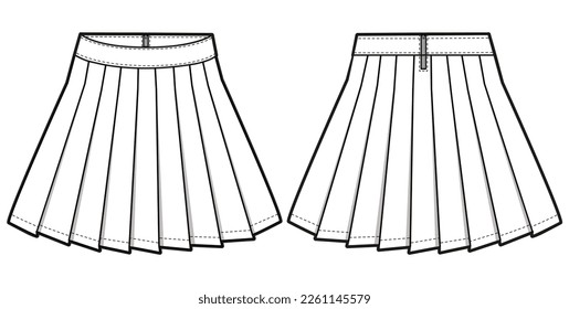 Dibujo de la ilustración del sketch plano de caracter con vista frontal y posterior, plantilla del vector de diseño de minifalda de relieve