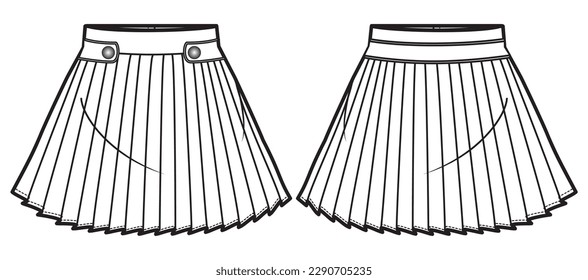 Pleated Skirt flat sketch fashion illustration drawing with front and back view, Pleated Mini skirt design cad vector template