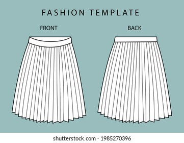 pleated skirt front and back view. fashion flat sketch template