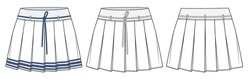 Pleated Skirt Technical Fashion Illustration, Concept Design. Mini Skirt Fashion Flat Drawing Template, Pleated, Elastic Waistband, Front, Back View, White, CAD Mockup Set.