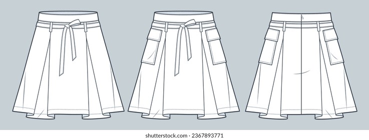 Pleated Skirt technical fashion illustration. Mini Skirt fashion flat technical drawing template, back zipper, pockets, front and back view, white, women CAD mockup set.