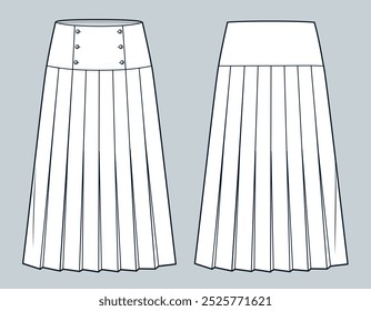 Pleated Skirt technical fashion illustration. Midi Skirt fashion flat technical drawing template, buttons, front and back view, white, women CAD mockup.