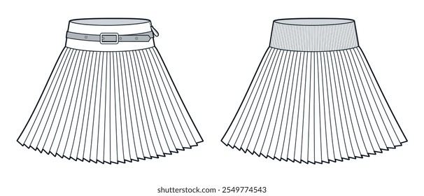 Pleated Skirt technical fashion illustration. Mini Skirt fashion flat technical drawing template, side zipper, belt, ribbed, front view, white, women CAD mockup set.