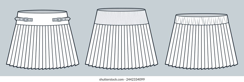 Pleated Skirts technical fashion illustration. Mini Skirt fashion flat technical drawing template, buckled, ribbed waistband, front view, white, women CAD mockup set.