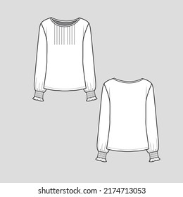 Pleated Smocking cuff hem top Crew neck pleats Detail Smocked frills gathering detail long sleeve fashion t shirt top blouse flat sketch technical drawing template design vector