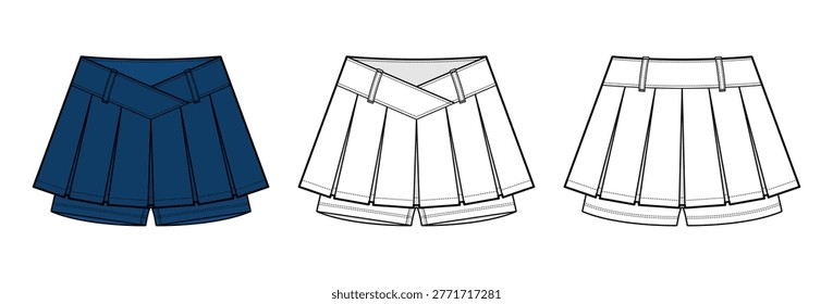 Pleated V-Waistband Micro Skort Technical Sketch - Tennis Skirt with Built-In Shorts Technical Flat Vector template.