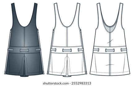 Pleats Mini Dress technical fashion Illustration. Dungaree Dress fashion flat technical drawing template, plunge neck, side zipper, eyelets box; belt; front, back view, white, grey, women CAD mockup.