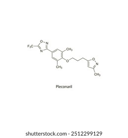 Pleconaril flat skeletal molecular structure Antiviral drug used in picorona virus infection treatment. Vector illustration scientific diagram.