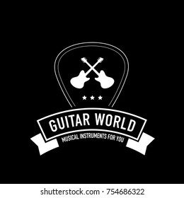 Plectrum shape with ribbon and guitar neck logo best for musical instruments shop, music store, music blog