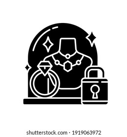 Pledge safety black glyph icon. Security measures. Pawn shop responsibility. Keeping items in store secure. Collateral property. Silhouette symbol on white space. Vector isolated illustration