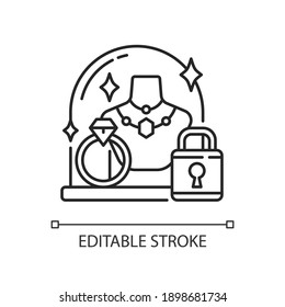 Pledge safety linear icon. Security measures. Pawn shop responsibility. Collateral property. Thin line customizable illustration. Contour symbol. Vector isolated outline drawing. Editable stroke