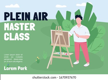 Planta plana vectorial banner de clase maestro de aire. Folleto, diseño conceptual de afiche con personajes de dibujos animados. Estudio de arte Lección al aire libre Volante horizontal, dibujo de cuadros folleto con lugar para texto