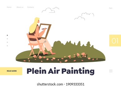 Plegar el concepto de pintura al aire libre de la página de aterrizaje con una joven pintora creando fotos al aire libre, pintora femenina dibujando paisajes al aire libre. Ilustración vectorial plana