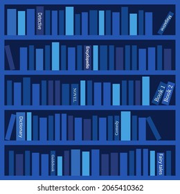 Plenty of books on the shelves in blue shadows. Vector illustration.