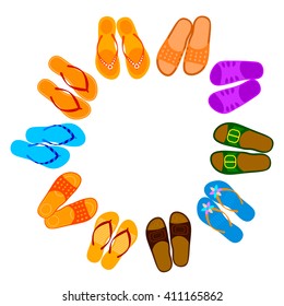 Plenty of colorful flip flops on a white background. Beach concept. Spanking isolate. Different Colored shl?pki - element for your design. Stock Vector